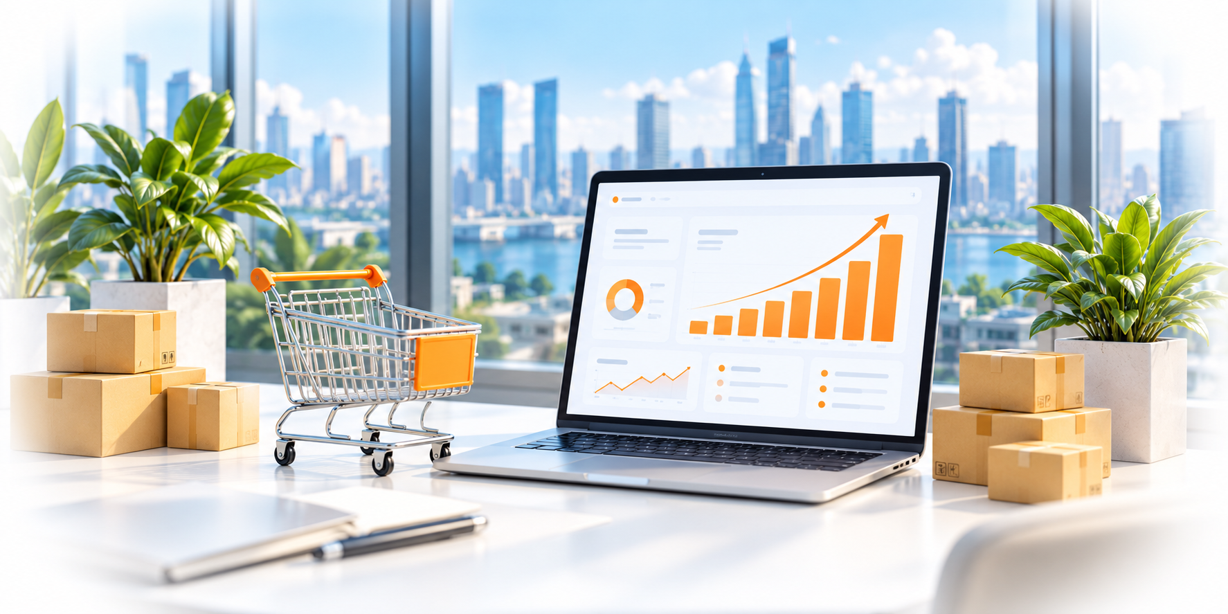 Ecommerce dashboard, shopping cart and global marketplace network