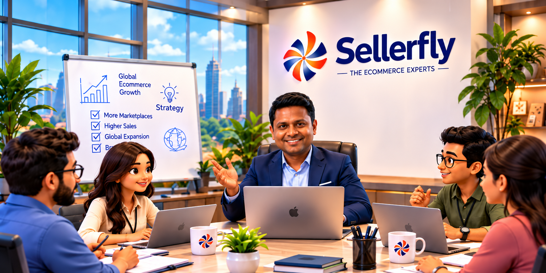 Sellerfly team collaborating in a bright ecommerce office