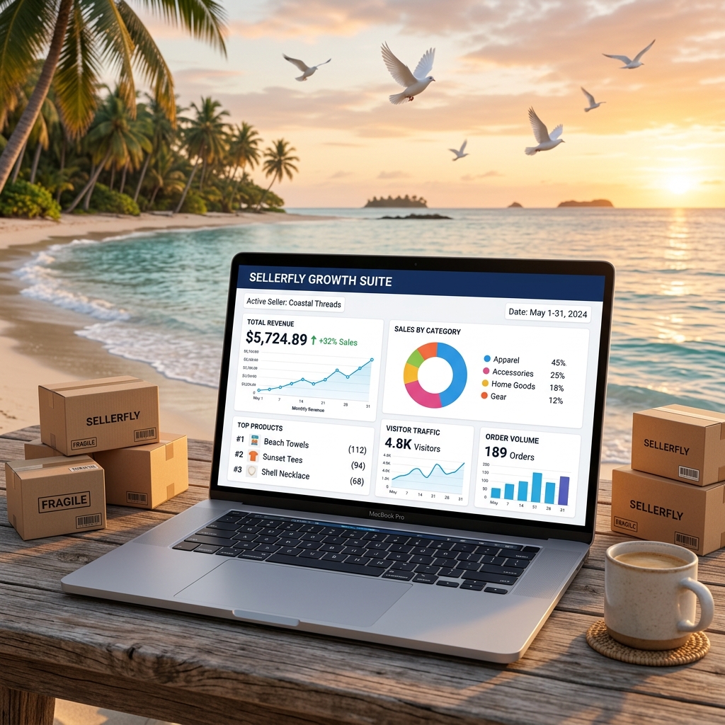 Sellerfly Growth Suite Laptop Dashboard Graphic