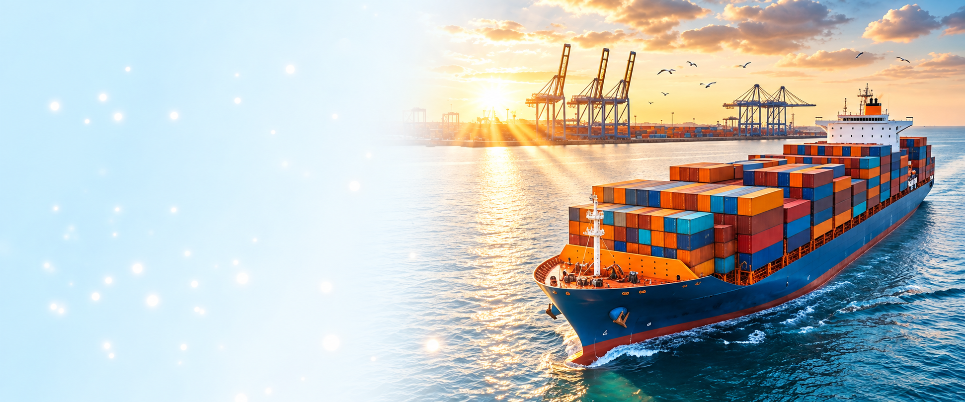 Container ship sailing through a sunlit international harbor